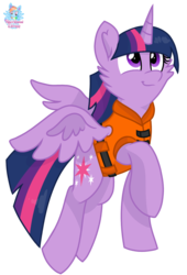 Size: 876x1291 | Tagged: safe, artist:rainbow eevee, twilight sparkle, alicorn, pony, series:sprglitemplight life jacket days, series:springshadowdrops life jacket days, g4, cheek fluff, clothes, cute, female, flying, lifejacket, simple background, solo, spread wings, transparent background, twilight sparkle (alicorn), vector, wings