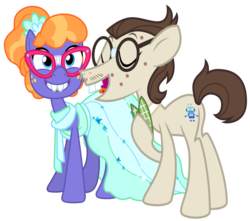 Size: 2534x2238 | Tagged: safe, artist:cheezedoodle96, artist:fercho262, edit, vector edit, frazzle rock, gizmo, earth pony, pony, canterlot boutique, g4, .svg available, acne, bowtie, bucktooth, clothes, dress, eyes closed, facial hair, female, gizzle, glasses, high res, hoof on chest, male, mare, moustache, shipping, simple background, smiling, stallion, straight, transparent background, vector