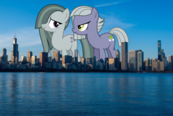 Size: 3840x2585 | Tagged: safe, artist:thegiantponyfan, artist:timelordomega, limestone pie, marble pie, earth pony, pony, g4, building, chicago, city, duo, female, giant ponies in real life, giant pony, giantess, high res, highrise ponies, irl, limezilla, macro, photo, ponies in real life, story included