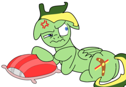Size: 1024x710 | Tagged: safe, artist:didgereethebrony, oc, oc only, oc:didgeree, pegasus, pony, angry, base used, cutie mark, glare, messy mane, pillow, simple background, solo, trace, transparent background, woken up at a bad time