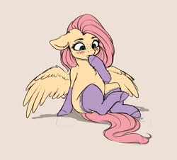 Size: 2616x2365 | Tagged: safe, artist:miokomata, fluttershy, pegasus, semi-anthro, g4, arm hooves, blushing, chest fluff, clothes, cute, female, floppy ears, freckles, high res, mare, sexy, shyabetes, simple background, socks