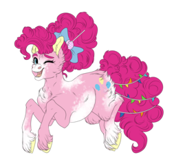 Size: 2561x2411 | Tagged: safe, artist:loladotz, pinkie pie, earth pony, pony, g4, the last problem, bow, cheek fluff, chest fluff, cutie mark, ear fluff, female, hair bow, high res, older, older pinkie pie, one eye closed, open mouth, simple background, smiling, solo, transparent background, unshorn fetlocks, wink