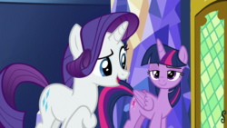 Size: 1920x1080 | Tagged: safe, screencap, rarity, twilight sparkle, alicorn, pony, unicorn, g4, the last laugh, female, looking at each other, mare, open mouth, raised eyebrow, smiling, twilight sparkle (alicorn)
