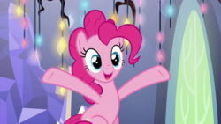 Size: 1920x1080 | Tagged: safe, screencap, pinkie pie, earth pony, pony, g4, the last laugh, female, hooves in air, mare, open mouth, smiling, solo
