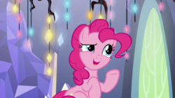Size: 1920x1080 | Tagged: safe, screencap, pinkie pie, earth pony, pony, g4, the last laugh, female, mare, open mouth, raised hoof, smiling, solo