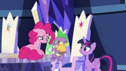 Size: 1920x1080 | Tagged: safe, screencap, pinkie pie, spike, twilight sparkle, alicorn, dragon, pony, g4, the last laugh, cutie map, twilight sparkle (alicorn), winged spike, wings