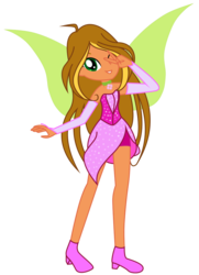 Size: 760x1052 | Tagged: safe, artist:lhenao, artist:marihht, artist:princesssnowofc, fairy, human, equestria girls, g4, bare shoulders, barely eqg related, base used, clothes, crossover, dress, equestria girls style, equestria girls-ified, fairy wings, flora (winx club), gloves, jewelry, magic winx, necklace, one eye closed, peace sign, pink dress, pink shoes, rainbow s.r.l, shoes, strapless, wings, wink, winx club