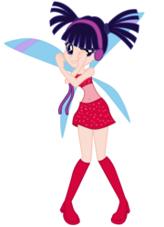 Size: 758x1055 | Tagged: safe, artist:lhenao, artist:marihht, artist:princesssnowofc, fairy, human, equestria girls, g4, barely eqg related, base used, blue wings, boots, clothes, crossed arms, crossover, dress, equestria girls style, equestria girls-ified, fairy wings, headphones, magic winx, musa, rainbow s.r.l, red dress, red shoes, shoes, wings, winx club