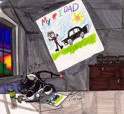 Size: 1348x1240 | Tagged: safe, artist:newyorkx3, oc, oc only, oc:tommy junior, earth pony, pony, bed, car, colt, crayon, dawn, drawer, drawing, father's day, male, room, sleeping, solo, sunset, traditional art, train