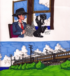 Size: 1680x1810 | Tagged: safe, artist:newyorkx3, oc, oc only, oc:tommy, oc:tommy junior, earth pony, human, pony, bush, chair, clothes, colt, electric pole, field, hat, male, newspaper, seaside, traditional art, train, view, window