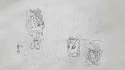 Size: 4032x2268 | Tagged: safe, artist:parclytaxel, autumn blaze, oc, oc:parcly taxel, alicorn, kirin, nirik, pony, ain't never had friends like us, albumin flask, parcly taxel in japan, g4, alicorn oc, female, horn, japan, jumping, lineart, mare, monochrome, nabegataki, pencil drawing, smiling, story included, traditional art, waterfall, waterfall shower, wet mane