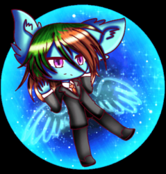 Size: 800x836 | Tagged: safe, anonymous artist, oc, oc:precised note, anthro, big ears, clothes, female, gacha life, necktie, reverse trap, serious, shoes, sparkles, suit, tuxedo, wings