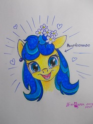 Size: 1069x1426 | Tagged: safe, artist:olgfox, oc, oc only, oc:lightning flash, pegasus, pony, bust, cute, daaaaaaaaaaaw, female, flower, flower in hair, heart, mare, nya, open mouth, portrait, russia, simple background, smiling, solo, traditional art, white background