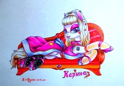 Size: 1024x710 | Tagged: safe, artist:olgfox, earth pony, pony, barbie, clothes, couch, dress, female, hairstyle, heart, makeup, mare, open mouth, russia, shoes, simple background, tattoo, traditional art, white background