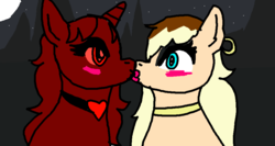 Size: 963x514 | Tagged: safe, anonymous artist, oc, oc only, pony, 1000 hours in ms paint, background pony strikes again, bimbo, blonde, blushing, ear piercing, earring, edgy, eyelashes, female, heart, jewelry, kissing, lesbian, makeup, mountain, necklace, night, piercing, red, red eyes