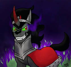 Size: 1160x1092 | Tagged: safe, artist:hintomikto, artist:makalucario, king sombra, pony, unicorn, g4, armor, cape, clothes, colored horn, curved horn, fire, green fire, horn, male, solo, sombra eyes, sombra horn, stallion