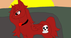 Size: 963x514 | Tagged: safe, oc, oc only, alicorn, pony, alicorn oc, edgy, eyeshadow, female, heart, horn, jewelry, makeup, mare, necklace, red, red eyes, red eyeshadow, skull, solo, sunset
