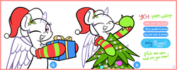 Size: 4017x1586 | Tagged: dead source, safe, artist:php142, oc, pony, christmas, christmas lights, christmas tree, commission, eyes closed, female, hat, holiday, looking at you, male, one eye closed, present, santa hat, spread wings, tree, wings, wink, ych sketch, your character here