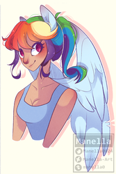 Size: 1186x1774 | Tagged: safe, artist:manella-art, rainbow dash, human, g4, breasts, bust, cleavage, clothes, female, humanized, portrait, shirt, solo, tumblr nose, winged humanization, wings