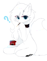Size: 1000x1300 | Tagged: safe, artist:heddopen, oc, oc only, oc:loulou, earth pony, pony, chest fluff, cute, ear fluff, female, fluffy tail, food, looking at you, mare, pocky, pure white, simple background, sitting, white background