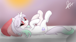 Size: 1082x606 | Tagged: safe, artist:colonel-majora-777, oc, oc only, oc:reverie, pony, unicorn, cute, female, on back, solo