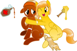 Size: 6452x4304 | Tagged: safe, artist:colonel-majora-777, oc, oc only, oc:honey drop, oc:maple dip, earth pony, pegasus, pony, duo, food, honey, maple syrup, simple background, transparent background