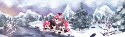 Size: 1632x489 | Tagged: safe, artist:tiothebeetle, oc, oc only, pony, bow, clothes, coat, creek, duo, fur, header, jacket, looking up, mountain, painting, river, snow, snowfall, sunset, tree, tree branch, winter