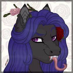 Size: 1280x1280 | Tagged: safe, artist:akumajdragon, oc, oc only, oc:ako, pony, bust, fangs, female, flower, mare, portrait, solo, tongue out