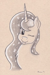 Size: 2125x3208 | Tagged: safe, artist:peruserofpieces, princess luna, alicorn, pony, g4, bust, female, fluffy, high res, horn, looking at you, one eye closed, pencil drawing, silly, smiling, solo, toned paper, tongue out, traditional art, wink