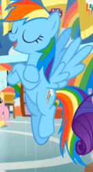 Size: 263x483 | Tagged: safe, screencap, rainbow dash, pegasus, pony, g4, she's all yak, animated, big smile, cropped, cute, dashabetes, female, gif, offscreen character, solo focus