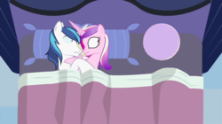 Size: 1362x761 | Tagged: safe, artist:mlp-silver-quill, princess cadance, shining armor, pony, after the fact, g4, bed, crossed horns, exploitable meme, female, horn, horns are touching, implied good clean married sex, implied sex, male, mare, meme, pillow, somepony sleeps next to shining armor and princess cadance, stallion, template, wide eyes