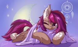 Size: 3540x2156 | Tagged: safe, artist:rednite, oc, oc only, oc:asteroid trail, pegasus, pony, bed hair, commission, cute, dishevelled, dreamweaver, female, high res, mare, ocbetes, one eye closed, pegasus oc, pillow, signature, sleepy, solo, wings, ych result
