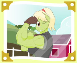 Size: 3702x3028 | Tagged: safe, artist:matchstickman, granny smith, earth pony, anthro, g4, biceps, breasts, clothes, female, flexing, granny smash, grin, high res, looking at you, muscles, muscular female, one eye closed, photo, shirt, smiling, solo, sweet apple acres, wink, young granny smith, younger