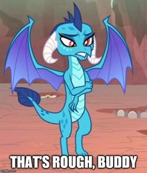 Size: 500x591 | Tagged: safe, edit, edited screencap, screencap, princess ember, dragon, g4, sweet and smoky, avatar the last airbender, caption, cropped, dragoness, female, image macro, meme, reaction image, solo, spread wings, text, wings, zuko