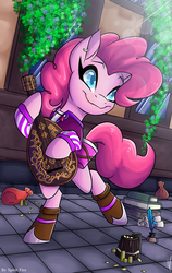Size: 950x1500 | Tagged: safe, artist:celes-969, pinkie pie, earth pony, pony, g4, bard, bard pie, bipedal, book, clothes, coin, colored pupils, crepuscular rays, cute, diapinkes, ear piercing, fantasy class, female, ink, inkwell, lute, mare, musical instrument, piercing, quill, solo