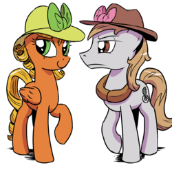 Size: 1200x1200 | Tagged: safe, artist:pony-berserker, oc, oc only, oc:longhaul, oc:southern comfort, earth pony, pegasus, pony, 2020 community collab, derpibooru community collaboration, angry, bow, hat, horse collar, i can't believe it's not idw, male, simple background, smug, transparent background