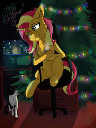 Size: 1010x1346 | Tagged: safe, alternate version, artist:yuris, sunset shimmer, cat, pony, unicorn, g4, cheek fluff, chest fluff, christmas, christmas tree, female, holiday, leg fluff, sitting, solo, tree