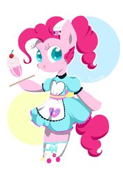 Size: 1230x1732 | Tagged: safe, artist:1drfl_world_end, pinkie pie, earth pony, pony, coinky-dink world, equestria girls, g4, my little pony equestria girls: summertime shorts, abstract background, apron, bipedal, clothes, cute, diapinkes, dress, equestria girls ponified, female, mare, milkshake, ponified, ponytail, server pinkie pie, solo, tongue out, tray