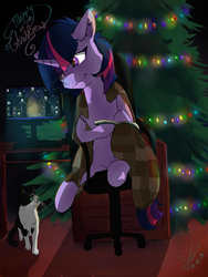 Size: 1010x1346 | Tagged: safe, alternate character, alternate version, artist:yuris, twilight sparkle, cat, pony, unicorn, g4, book, chair, christmas, christmas tree, computer, female, holiday, solo, tree