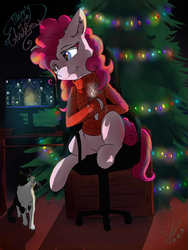 Size: 1010x1346 | Tagged: safe, alternate character, alternate version, artist:yuris, pinkie pie, cat, pony, g4, cheek fluff, chest fluff, christmas, christmas sweater, christmas tree, clothes, ear fluff, female, holiday, sitting, solo, sweater, tree