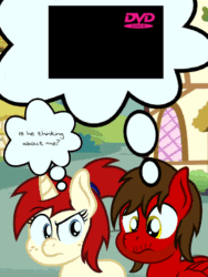 Size: 700x933 | Tagged: safe, artist:toyminator900, oc, oc only, oc:chip, oc:silver draw, pegasus, pony, unicorn, animated, duo, dvd, freckles, gif, thought bubble