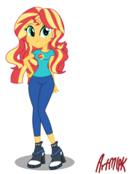 Size: 1536x2048 | Tagged: safe, artist:artmlpk, sunset shimmer, equestria girls, g4, alternate hairstyle, boots, clothes, cutie mark, female, hand on hip, leggings, looking at you, shoes, simple background, smiling, solo, vector, white background