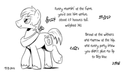Size: 1200x675 | Tagged: safe, artist:pony-berserker, big macintosh, earth pony, pony, pony-berserker's twitter sketches, g4, black and white, grayscale, i can't believe it's not idw, jimmy dean, male, monochrome, music notes, signature, simple background, sketch, solo, stallion, white background