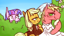 Size: 584x330 | Tagged: safe, artist:raridashdoodles, applejack, big macintosh, twilight sparkle, earth pony, pony, g4, applecest, blushing, brother and sister, bush, clothes, crossdressing, dress, female, incest, male, mare, ship:applemac, shipping, siblings, spying, stallion, straight, suit, wedding dress