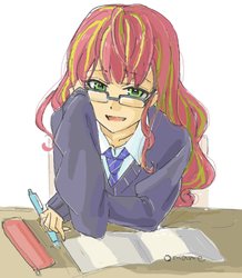 Size: 981x1127 | Tagged: safe, artist:5mmumm5, sunset shimmer, equestria girls, g4, alternate hairstyle, female, glasses, looking at you, pen, solo