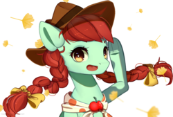 Size: 1032x698 | Tagged: safe, artist:togeticisa, candy apples, earth pony, pony, g4, apple, apple family member, background pony, bow, braid, braided pigtails, bust, cowboy hat, cute, female, food, hair bow, hat, leaf, leaves, looking at you, mare, open mouth, portrait, simple background, solo, white background