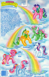 Size: 709x1117 | Tagged: safe, photographer:breyer600, fizzy, galaxy (g1), gingerbread, masquerade (g1), sweet stuff, whizzer, twinkle eyed pony, g1, official, backcard, barcode, blushing, bow, cute, fizzybetes, galaxydorable, gingerbetes, masqueradorable, rainbow, story, sweet sweet stuff, tail bow, this will end in colic, whizzabetes