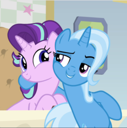 Size: 934x942 | Tagged: safe, screencap, starlight glimmer, trixie, pony, unicorn, road to friendship, bipedal, bipedal leaning, cropped, cute, duo, female, glimmerbetes, hoof around neck, leaning, lidded eyes, looking at each other, mare, raised eyebrow, sitting, smiling, smirk, squishy cheeks
