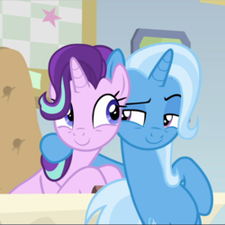 Size: 939x940 | Tagged: safe, screencap, starlight glimmer, trixie, pony, unicorn, road to friendship, belly, bipedal, bipedal leaning, cropped, cute, duo, female, glimmerbetes, leaning, lidded eyes, looking at each other, mare, raised eyebrow, smiling, smirk