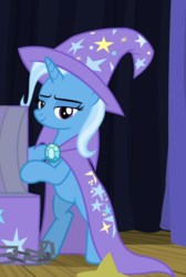 Size: 618x917 | Tagged: safe, screencap, trixie, pony, g4, road to friendship, bipedal, cape, clothes, cropped, female, hat, lidded eyes, mare, smiling, smirk, solo